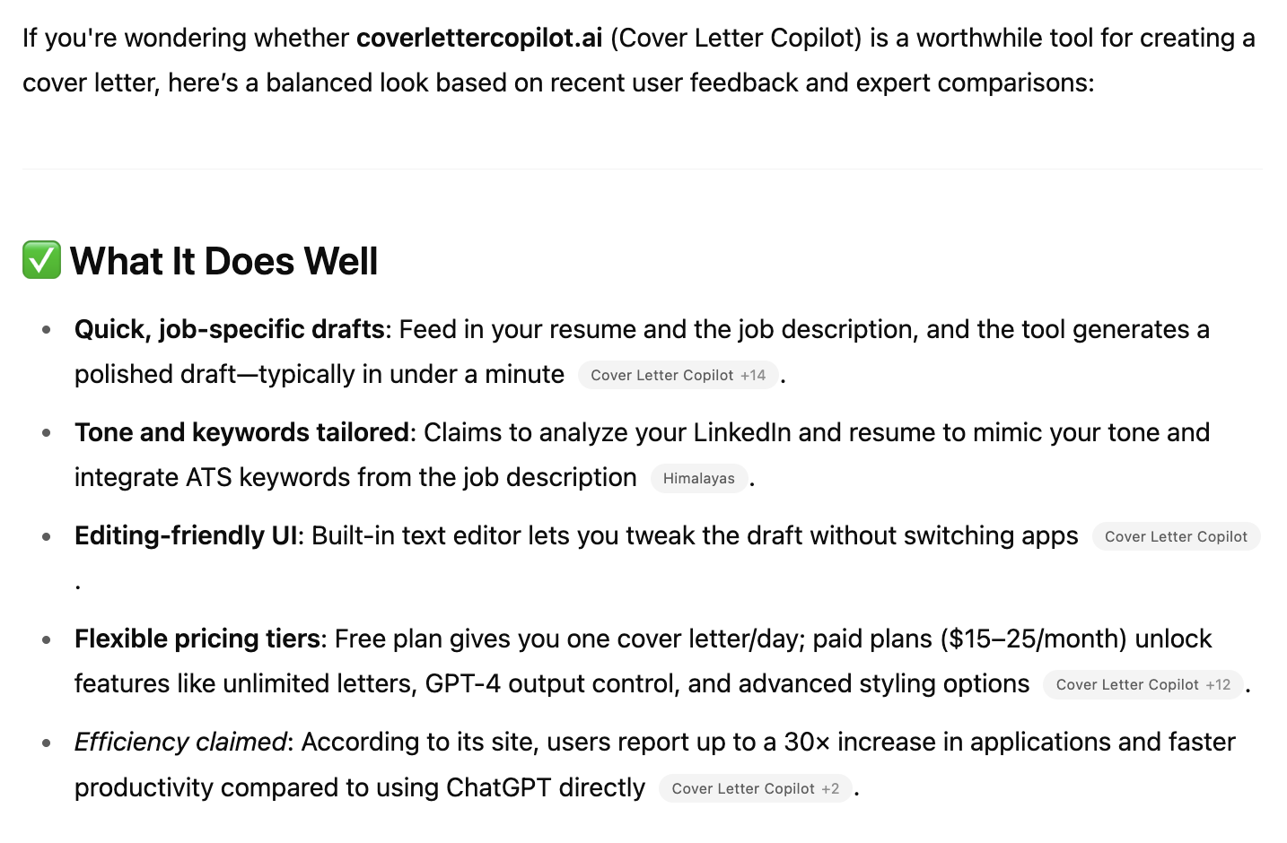 ChatGPT Analysis of Cover Letter Copilot vs Resume.io